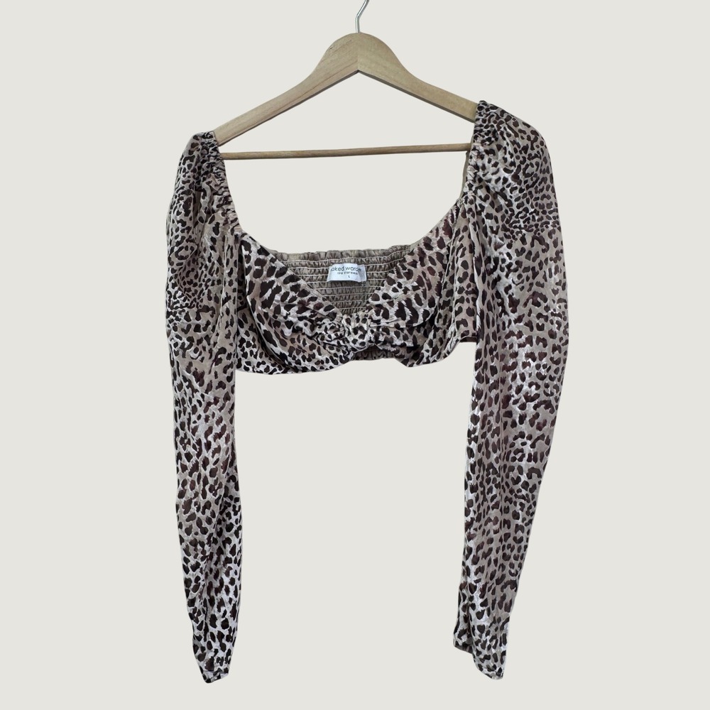 Naked Wardrobe Leopard Print Velvet Crop Top L Brown Y2K Baddie Glam Long Sleeve